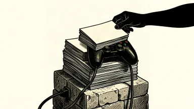 A silhouette of a hand adding a thick document to a tall stack of stock certificates anchored by a heavy gaming controller.