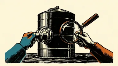 San Juan Basin Royalty Trust managing liquidity: hands turning a valve on an oil tank pipe next to a magnifying glass reflecting a solid seam.
