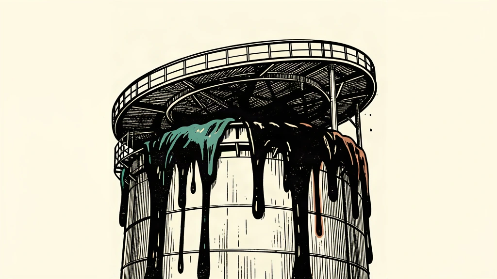 An editorial illustration of an oil storage tank with its heavy lid being forced upward by a surge of liquid from within.