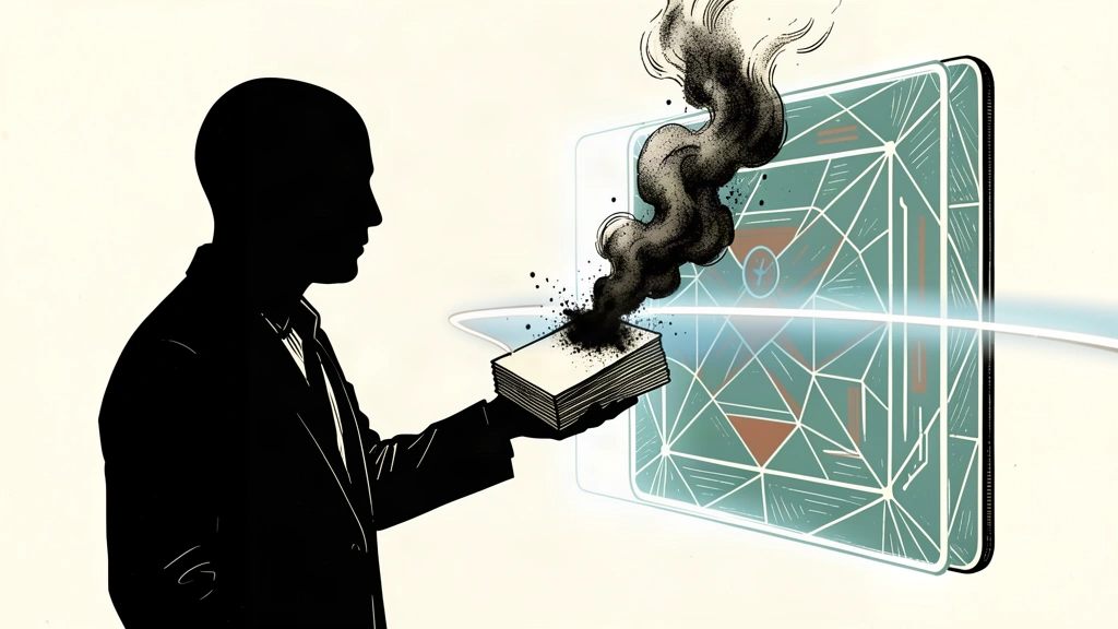 An editorial illustration of a researcher sacrificing their equity certificates, which turn to ash to strengthen a protective barrier against a glowing AI interface.