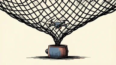 Rocket One secures a patent license for counter-drone technology: a large net deployed from a canister entangles a small quadcopter drone in mid-air.