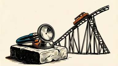 UnitedHealth and Six Flags market movement: a large stethoscope sits on a stone base next to a tall, stationary rollercoaster track.