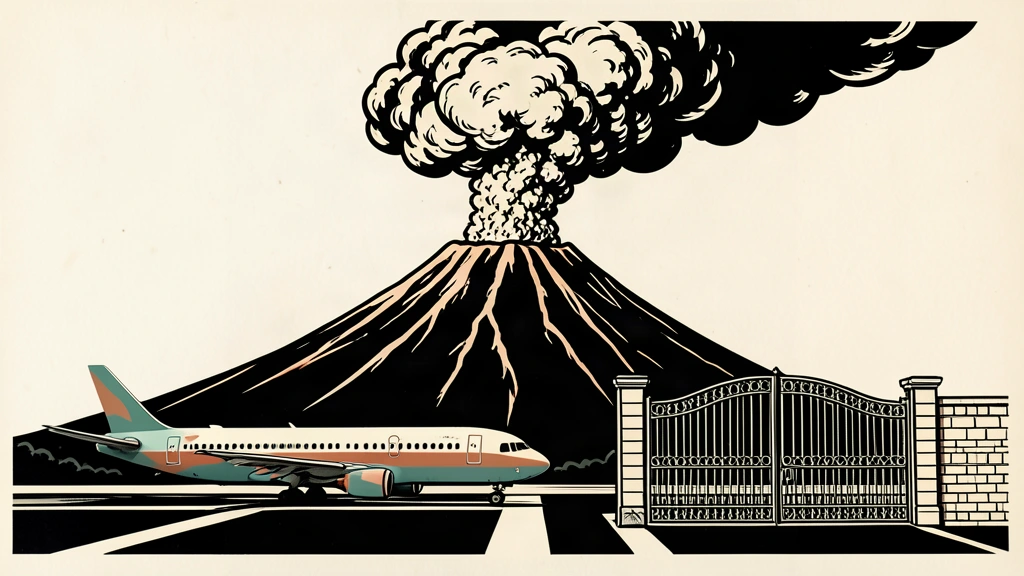 A linocut illustration of a volcano erupting ash behind a grounded airplane and a closed gate.