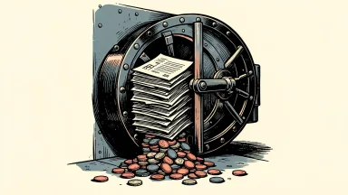 Merrill Lynch settlement over sweep account interest: a heavy bank vault door held open by a thick stack of legal papers as coins spill out.