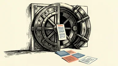 A massive bank vault door is left slightly open, with a trail of paper documents leaking out from the darkness inside onto the floor.