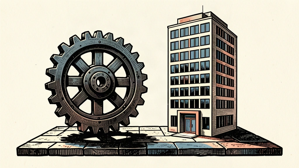 An illustration showing an industrial gear and an office building standing at equal height on a shared platform.