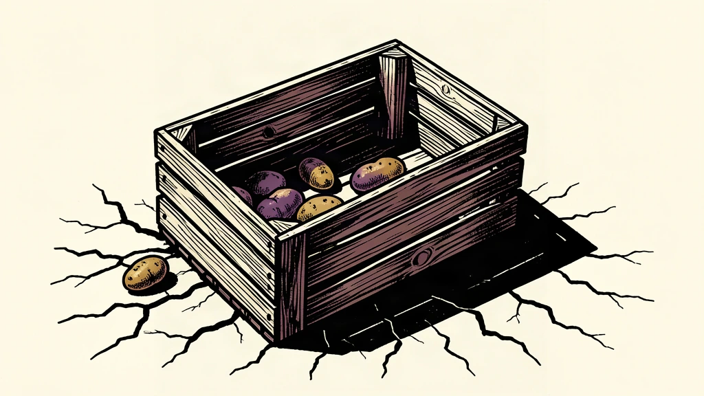 An editorial illustration showing a nearly empty wooden crate on cracked, dry ground, representing potato shortages caused by heat.