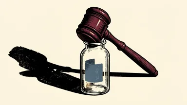 Liquidia shares fall after a patent ruling: a pharmaceutical vial is pinned down by a heavy wooden gavel.