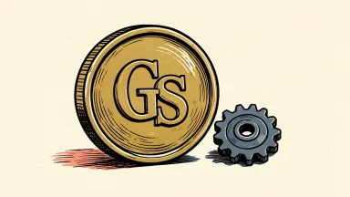 Goldman Sachs Q3 efficiency ratio depicted by a golden GS coin and a small gear.