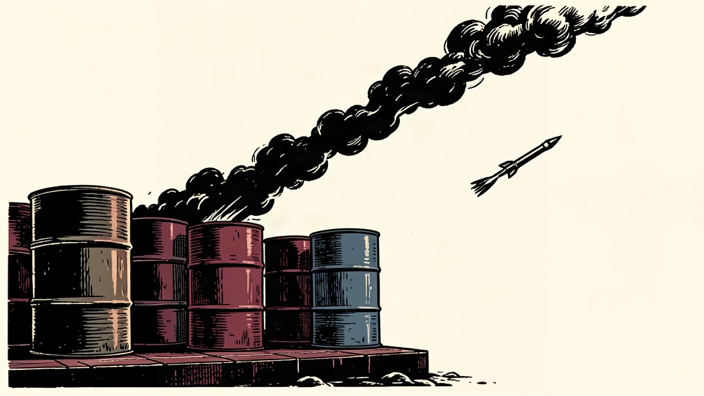 A row of solid oil barrels in the foreground with a missile ascending steeply in the far distance.