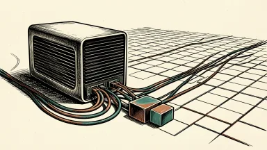 Nvidia's investment portfolio: a central server unit connected to a small group of large blocks and a vast, dense field of smaller tiles representing holdings.
