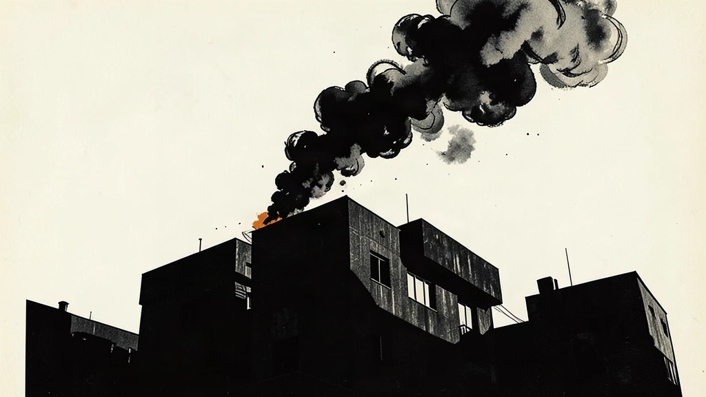 An editorial illustration showing a dark building silhouette with a jagged rupture and rising smoke from a recent airstrike.
