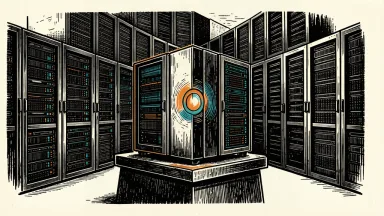 A modern enterprise server unit sits prominently in front of a vast, dark data center hall.
