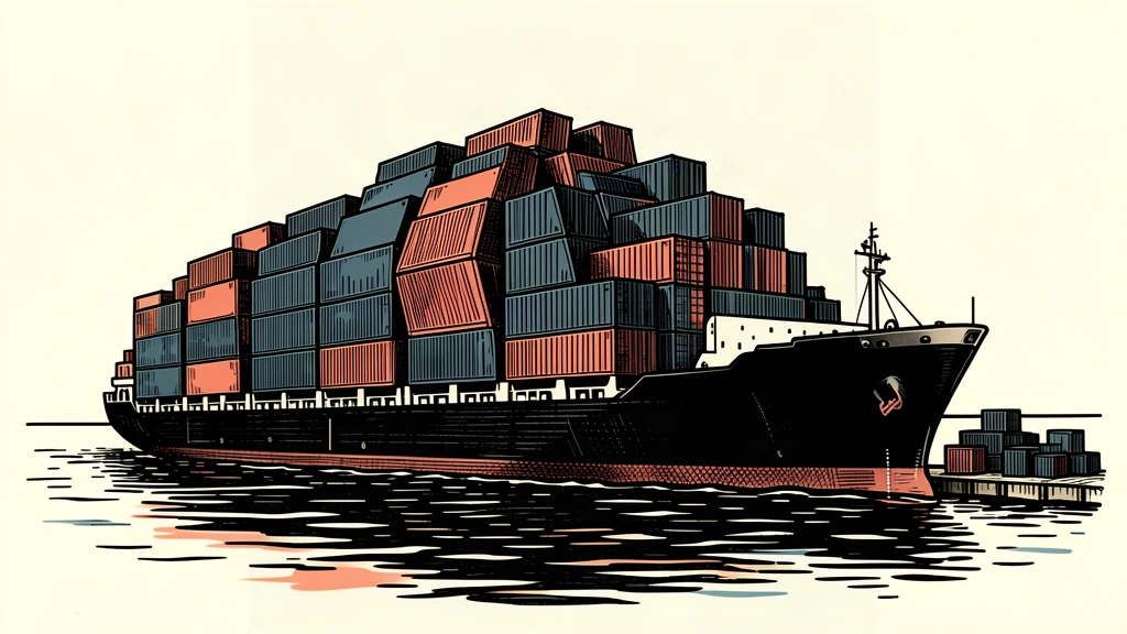 A large cargo ship heavily loaded with containers dwarfs a small pile of crates on a dock, illustrating a trade surplus.