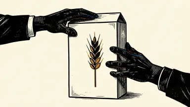 General Mills leadership transition: two hands in silhouette interact with a large cereal box featuring a wheat stalk icon.
