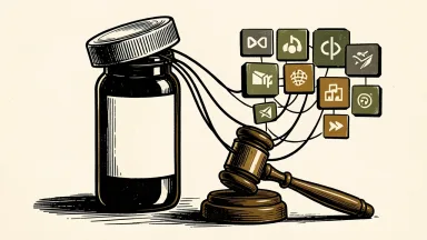 Hims & Hers Health facing a securities fraud class action: a medical pill bottle with data cables emerging from it toward digital tiles, beside a legal gavel.