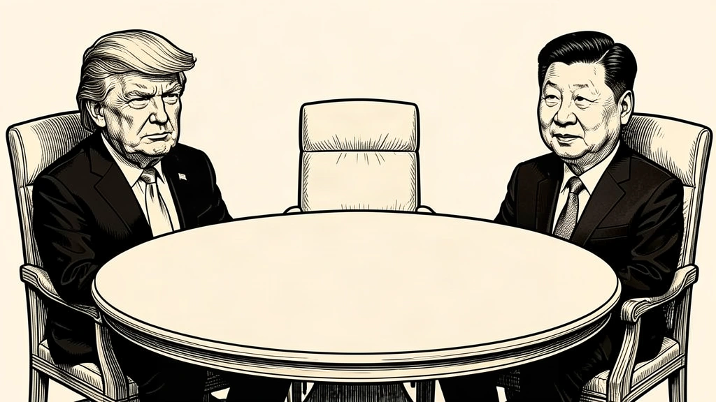 An editorial illustration showing Trump and Xi seated at a large round table with a conspicuous empty chair between them, representing the potential for a three-way meeting. Identity photo references adapted into illustration: Daniel Torok (Public domain; https://commons.wikimedia.org/wiki/File:Official_Presidential_Portrait_of_President_Donald_J._Trump_(2025).jpg); source https://commons.wikimedia.org/wiki/File:Official_Presidential_Portrait_of_President_Donald_J._Trump_(2025).jpg | Официальный веб-сайт Президента Российской Федерации (CC BY 4.0; https://creativecommons.org/licenses/by/4.0); source https://commons.wikimedia.org/wiki/File:Chinese_President_Xi_May_2024.jpg