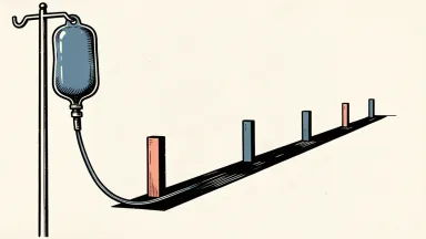 An illustration showing a single infusion bag connected to a long, continuous path that passes five distinct milestones, representing long-term progression-free survival.