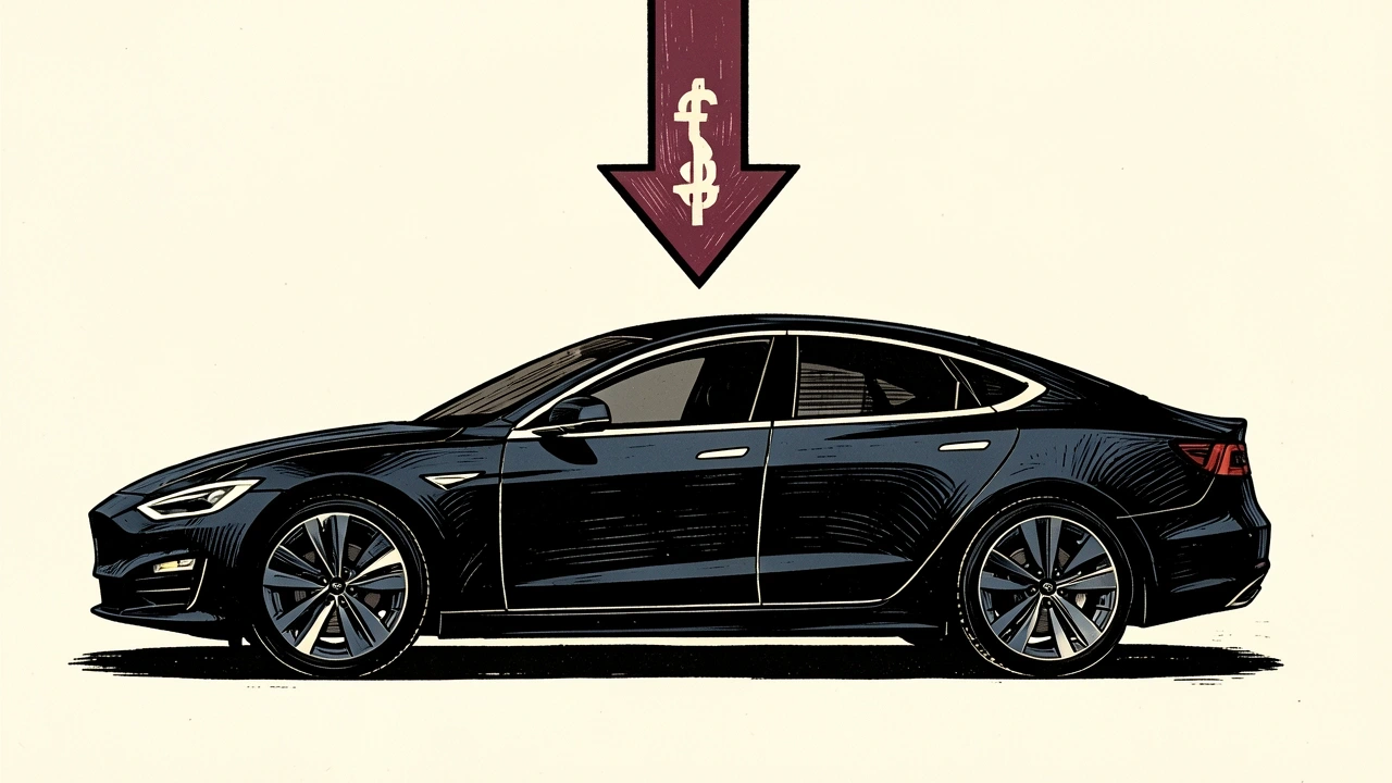 Lucid Group price target cut: a sleek electric sedan with a distinctive horizontal light bar sits beneath a large descending arrow.