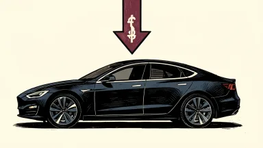 Lucid Group price target cut: a sleek electric sedan with a distinctive horizontal light bar sits beneath a large descending arrow.