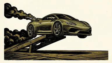 Tesla Roadster prototype performing a ramp jump with thruster technology: the sports car is in mid-air with plumes of exhaust stabilizing its descent.