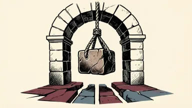 France's institutional strength tested by fiscal challenges: a heavy stone block is lifted through a solid stone archway above fragmented ground.