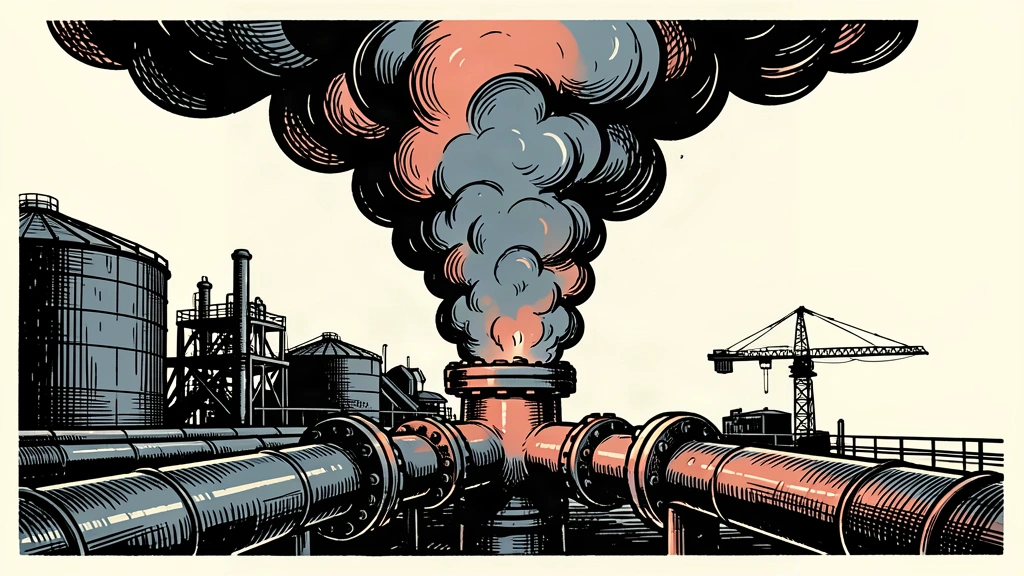 An editorial illustration showing a gas leak from a ruptured industrial pipe at a coastal facility.