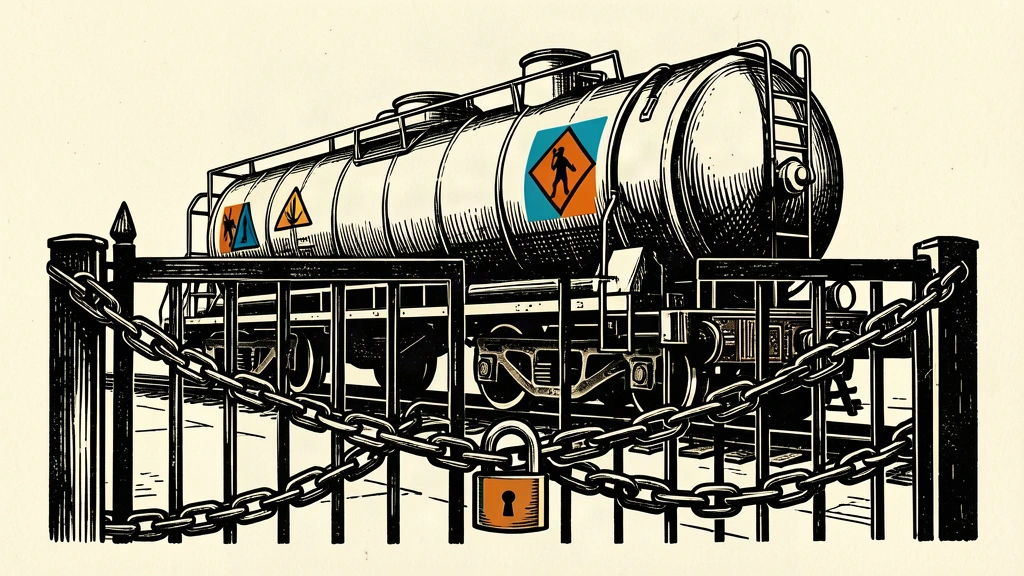 An industrial rail tanker is locked behind a heavy iron gate secured with a chain and padlock.