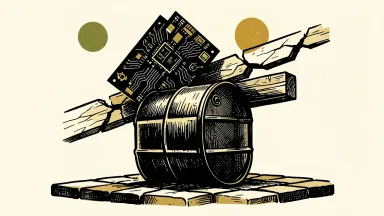 S&P 500 and Nasdaq under pressure: a heavy oil barrel weighing down a beam that supports a tilted circuit board.