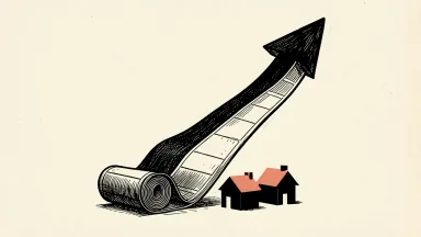 S&P 500 futures rise with an upward arrow over unfurled paper and house cutouts.