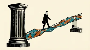 Houlihan Lokey hires a digital assets managing director: a professional silhouette crosses a bridge of interconnected blockchain links attached to a solid column.