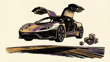 Tesla shares rise after Roadster debut; a flying car hovers above a road with metallic cubes nearby.