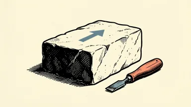 Hut 8 price target raised: a stone block with an upward arrow etched on top, chisel beside it.