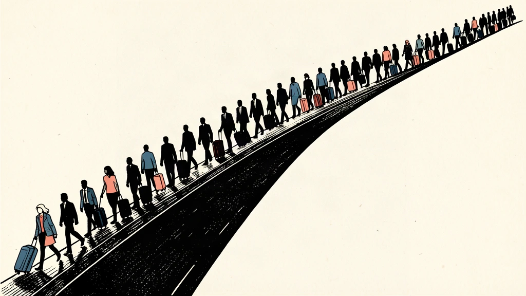 An editorial illustration showing a line of travelers walking up the edge of an airplane tail fin and continuing upward on a rising path.