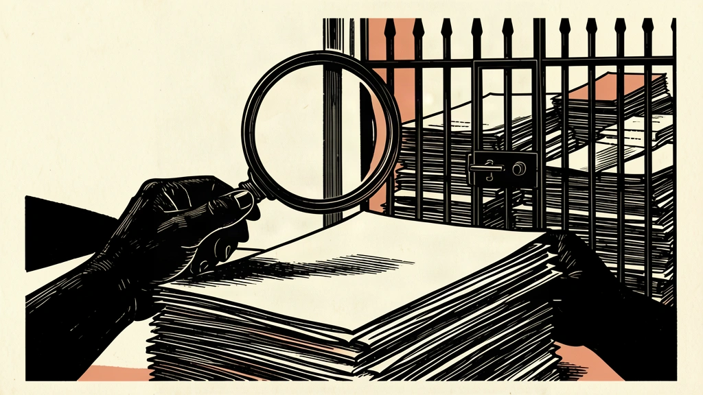 An editorial illustration showing a magnifying glass scrutinizing a stack of papers while a gate holds back a surge of debt documents.
