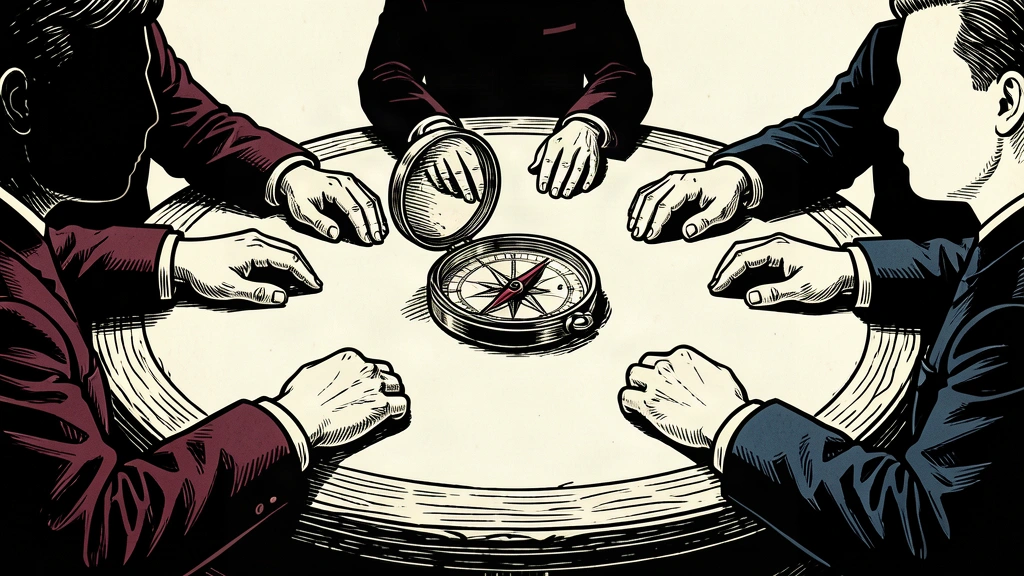 An editorial illustration showing military leaders' hands gathered around a central compass on a large table, symbolizing defense coordination.