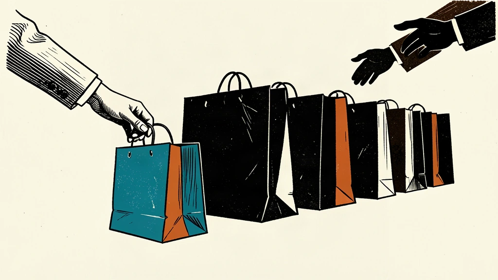 An editorial illustration showing a row of shopping bags where the closest one is noticeably smaller, representing slowing consumer spending growth.