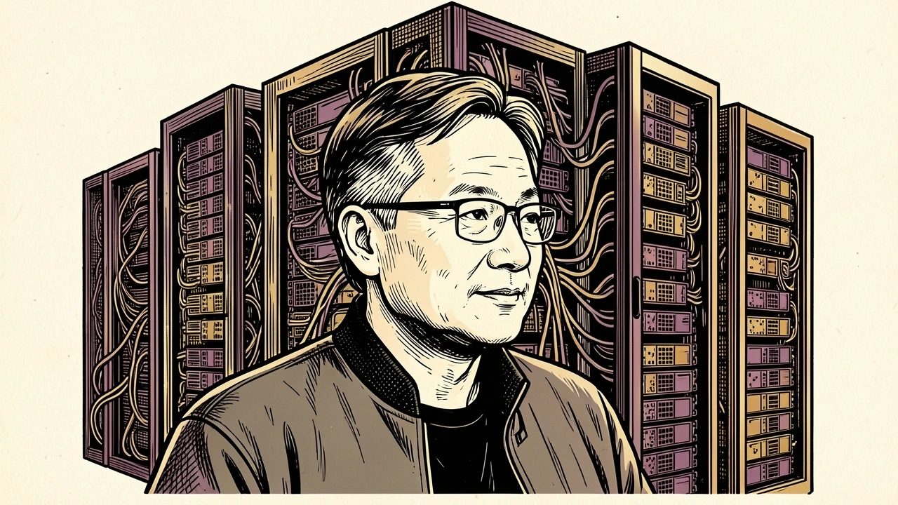 Nvidia CEO Jensen Huang with tall server racks featuring intricate networking patterns, representing the company's expansion into networking and CPU markets. Identity photo references adapted into illustration: Photographer: Peter Dasilva (CC BY 4.0; https://creativecommons.org/licenses/by/4.0); source https://commons.wikimedia.org/wiki/File:Jensen_Huang_(cropped)_(2024).jpg