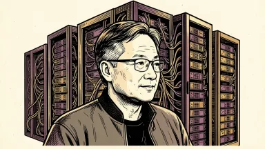 Nvidia CEO Jensen Huang with tall server racks featuring intricate networking patterns, representing the company's expansion into networking and CPU markets. Identity photo references adapted into illustration: Photographer: Peter Dasilva (CC BY 4.0; https://creativecommons.org/licenses/by/4.0); source https://commons.wikimedia.org/wiki/File:Jensen_Huang_(cropped)_(2024).jpg