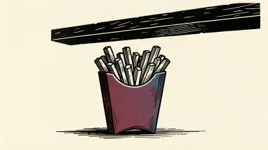 McDonald's price target lowered: a heavy dark beam presses down on the tips of a carton of fries, lowering their height while the carton remains intact.