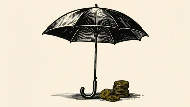 Travelers insurance umbrella beside a stack of gold coins representing record investment income.