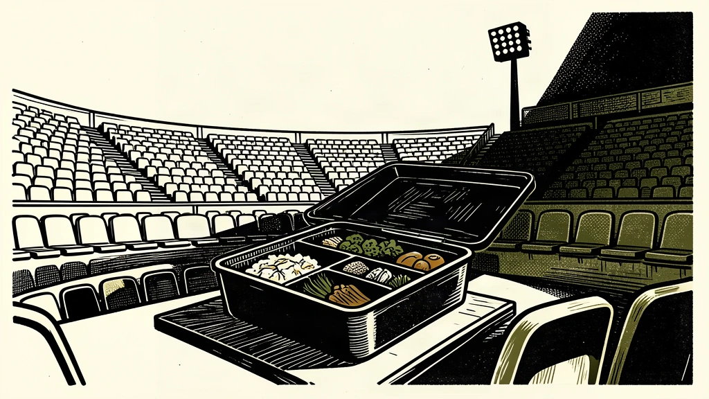 An editorial illustration of an open bento box on an empty stadium seat, partially covered by a long shadow from a floodlight.