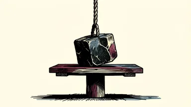 Pegasystems downgraded to neutral: a heavy stone block is lowered onto a wooden platform, pressing it down from an incline to a flat, horizontal level.