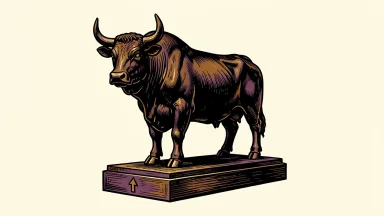 Charles Schwab price target raised; a bronze bull statue with an upward arrow on its pedestal.