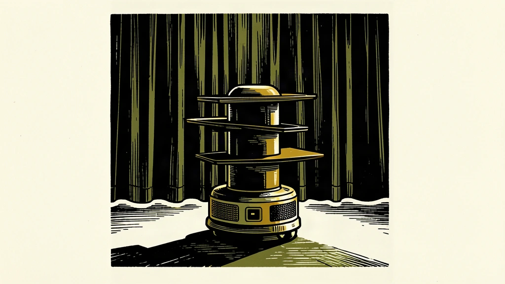 A service robot stands still in front of a closed stage curtain, representing the lack of a decision on a public offering.