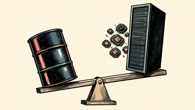 Nasdaq and Nvidia reach record highs as oil prices fall: a balance scale shows a heavy oil barrel sinking while microchips and a server tower rise.
