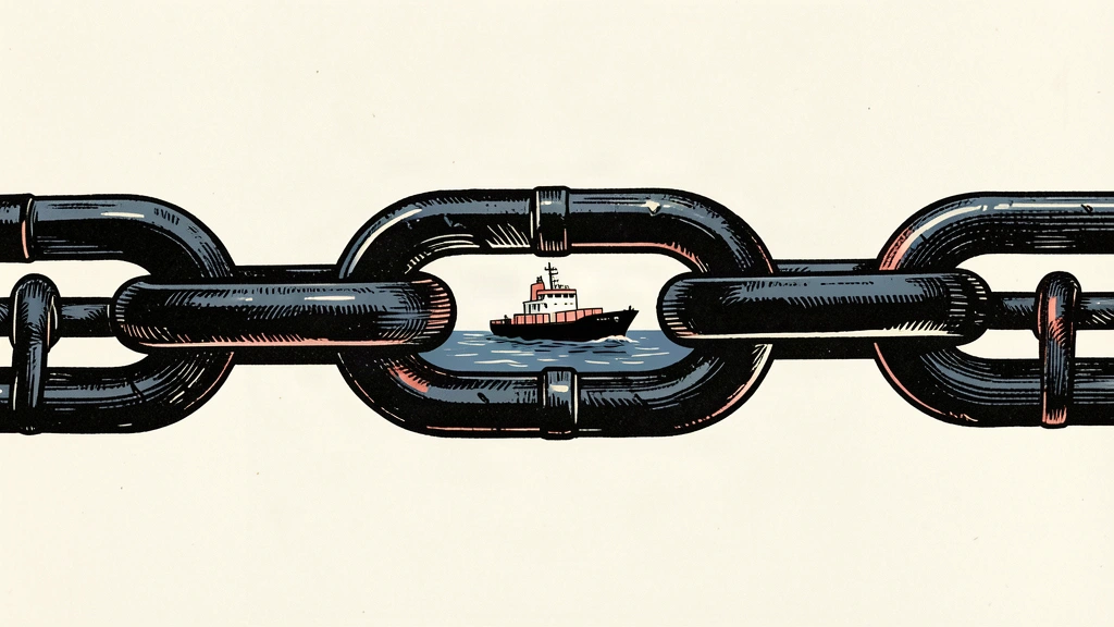 An editorial illustration showing a small ship navigating through a secret passage carved inside a single link of a heavy iron chain.