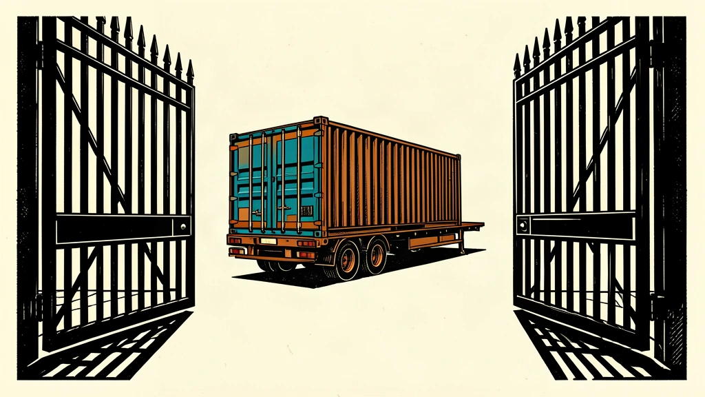 An illustration of a heavy iron gate standing open to allow a shipping container to pass through freely.