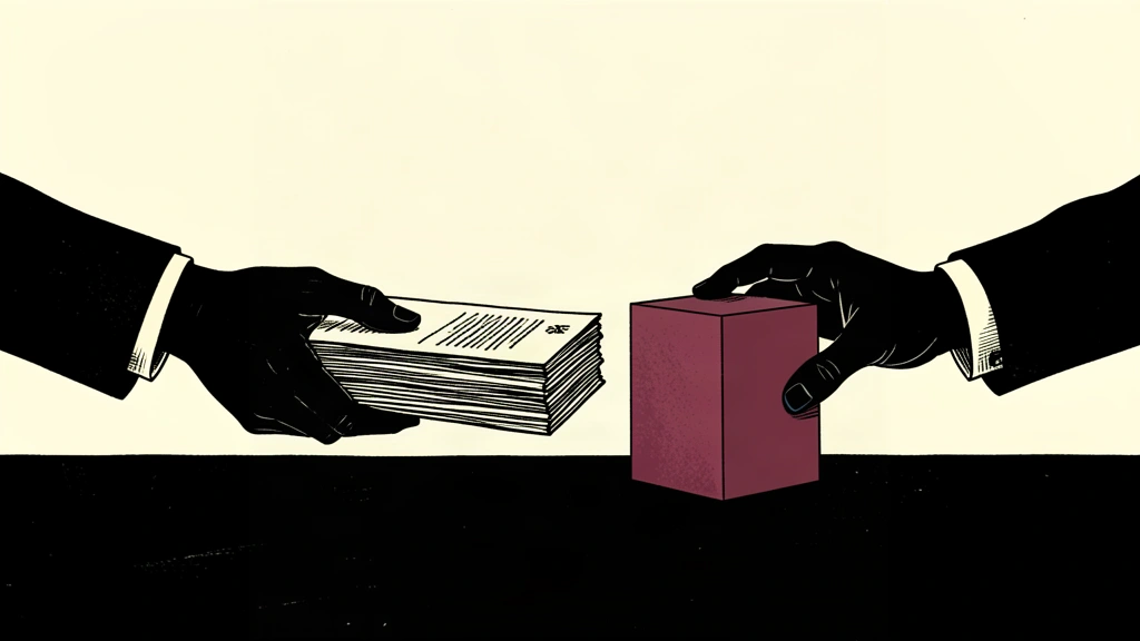 A conceptual black ink illustration showing a formal exchange of a large equity block for a stack of documents between two silhouetted hands.
