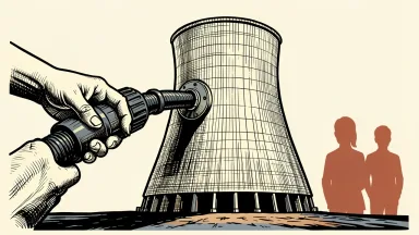 Vistra nuclear plant upgrades supported by federal loans: a large cooling tower being connected to a massive power cable held by hands.